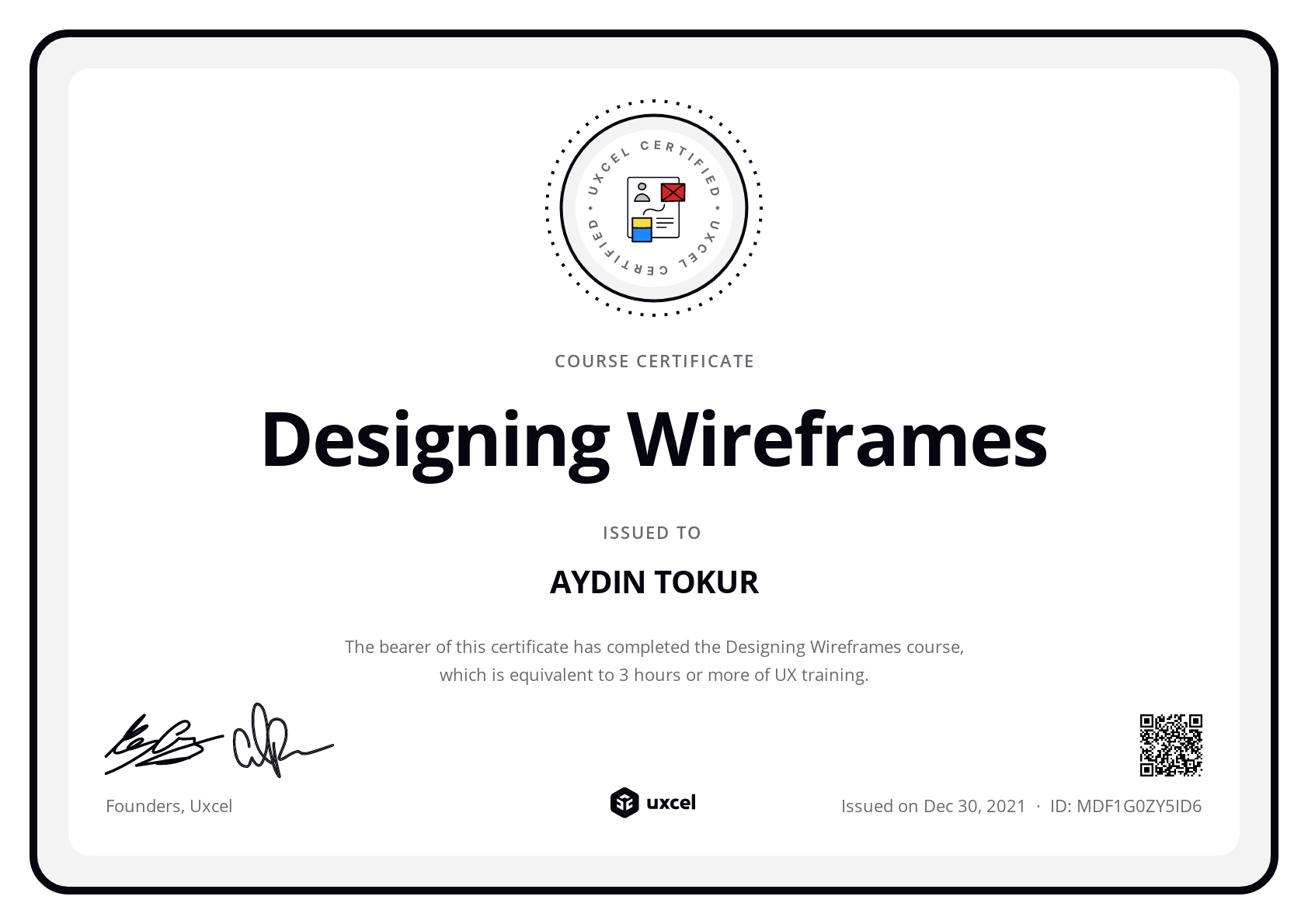 AYDIN TOKUR's certificate